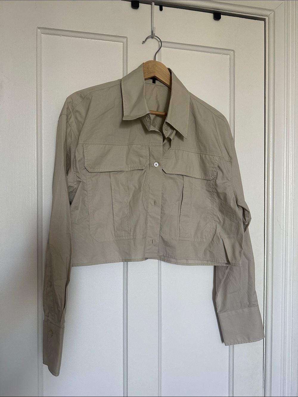 Zara Cropped Utility Long Sleeve Shirt in Beige